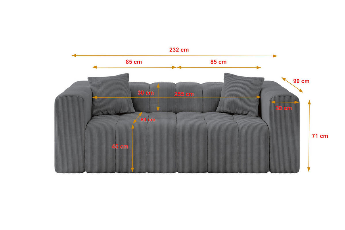 SOFA 2-Sitzer DONY-2 232x90x71 cm Dunkelgrau Cord - Dunkelgrau/Anthrazit, Holzwerkstoff/Kunststoff (232/71/90cm) - ALTDECOR