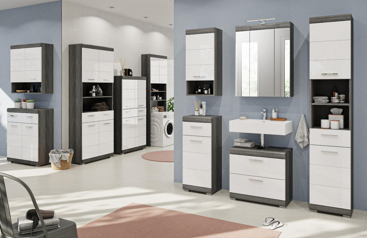 MIDISCHRANK weiß Hochglanz, grau 74 cm, Badkommode mit Schublade - Weiß Hochglanz/Silberfarben, Holzwerkstoff/Kunststoff (74/88/31cm) - Inn.Furn