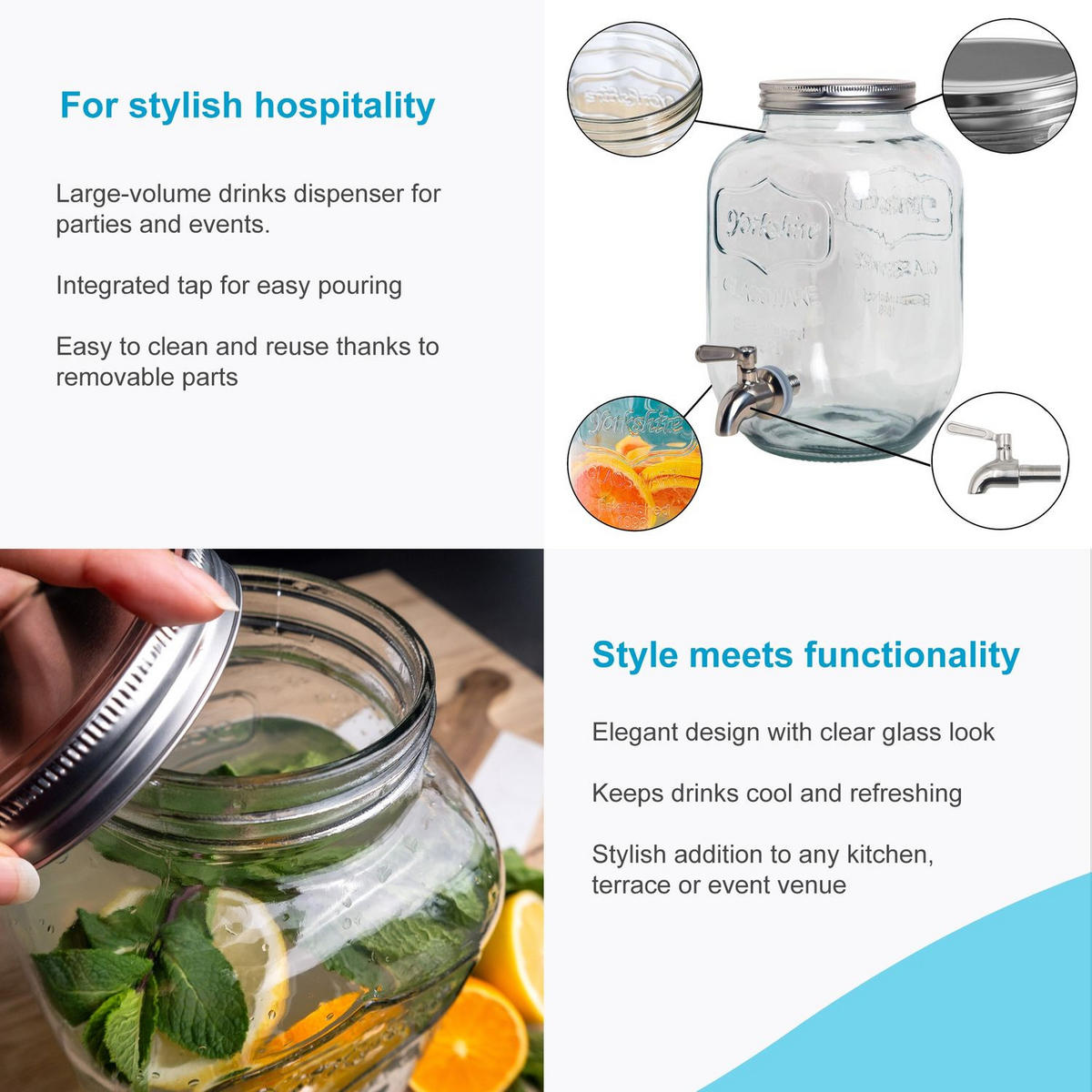 GETRÄNKESPENDER 4 Liter mit Zapfhahn - Transparent, Glas (4L) - Intirilife
