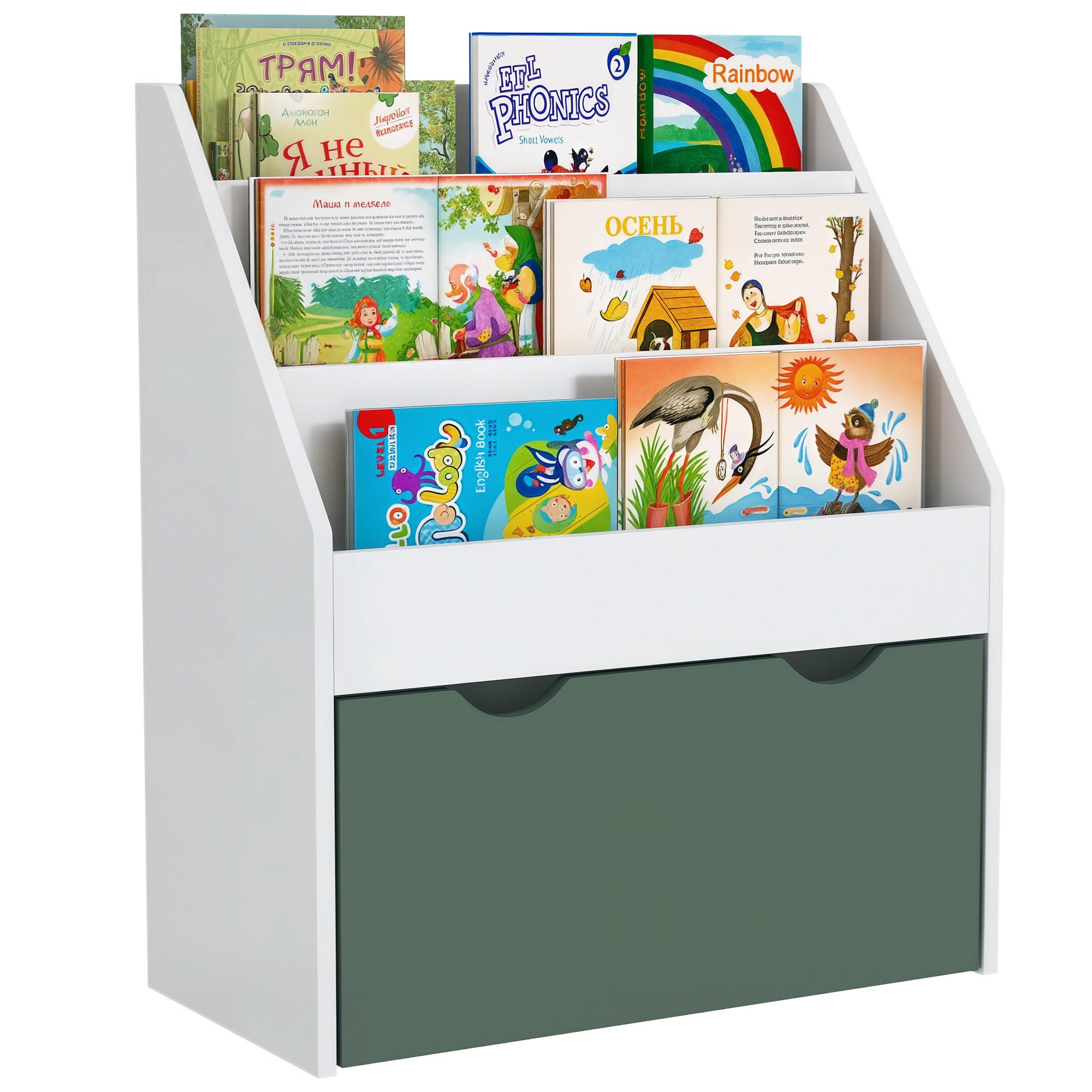 KINDERREGAL DE-17234 3 Ebenen & 1 Schublade Grün - Grün, Naturmaterialien (62.5/70/30cm) - ComfortXL
