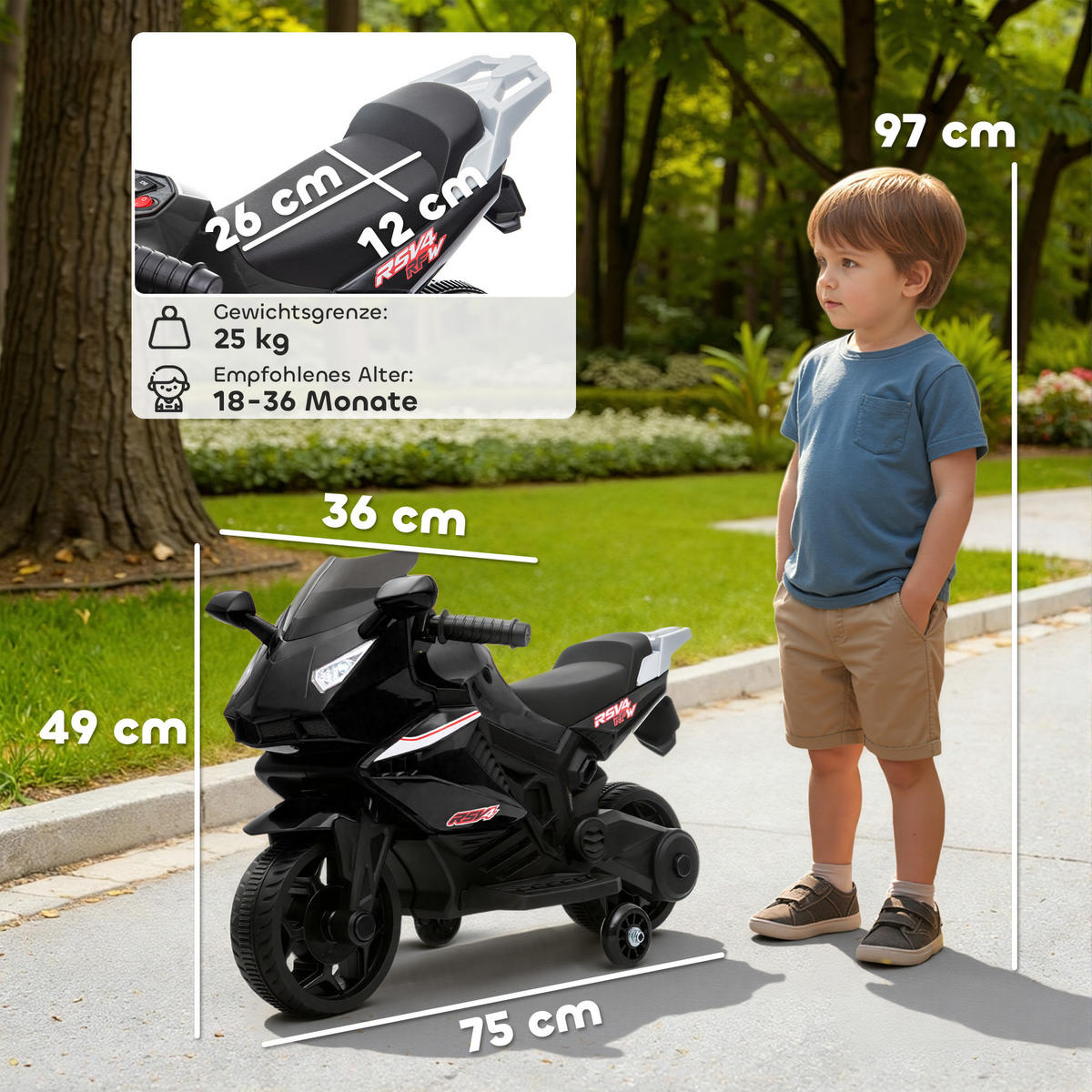 ELEKTRO-KINDERMOTORRAD mit USB Stützrädern und Musik, schwarz - Schwarz, Metall (75/36/49cm) - AIYAPLAY