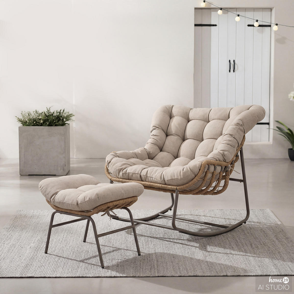GARTENSESSEL mit Fußhocker - Stahl / Webstoff - Grau / Beige - Beige, Textil/Metall (118/87/110cm) - home24