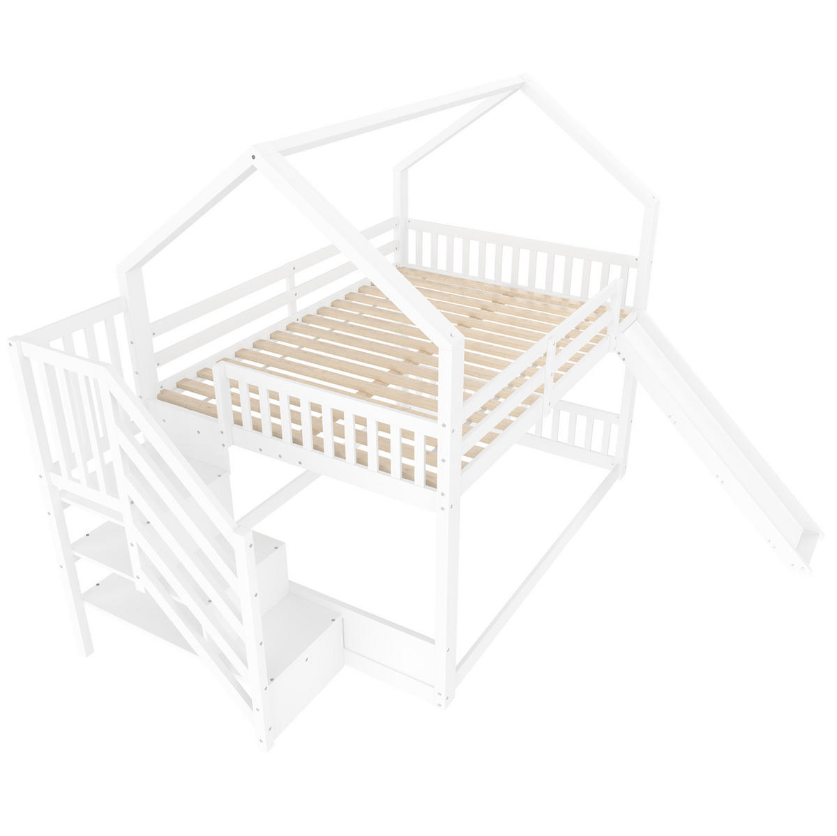 HAUSBETT 140/200 cm Weiß mit Rutsche und Stauraumtreppe - Weiß, Holz (140/200cm) - Flora Grace