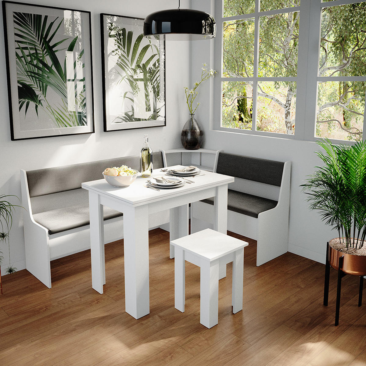 ECKBANKGRUPPE Roman Weiß 180 x 41.5 cm mit Tisch - Anthrazit/Weiß, Holzwerkstoff (180/80/120cm) - Vicco