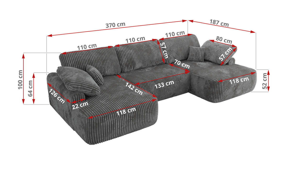 WOHNLANDSCHAFT CUBO U Dunkelgrau Cord - Dunkelgrau/Schwarz, Kunststoff/Textil (370/100/187cm) - MKS