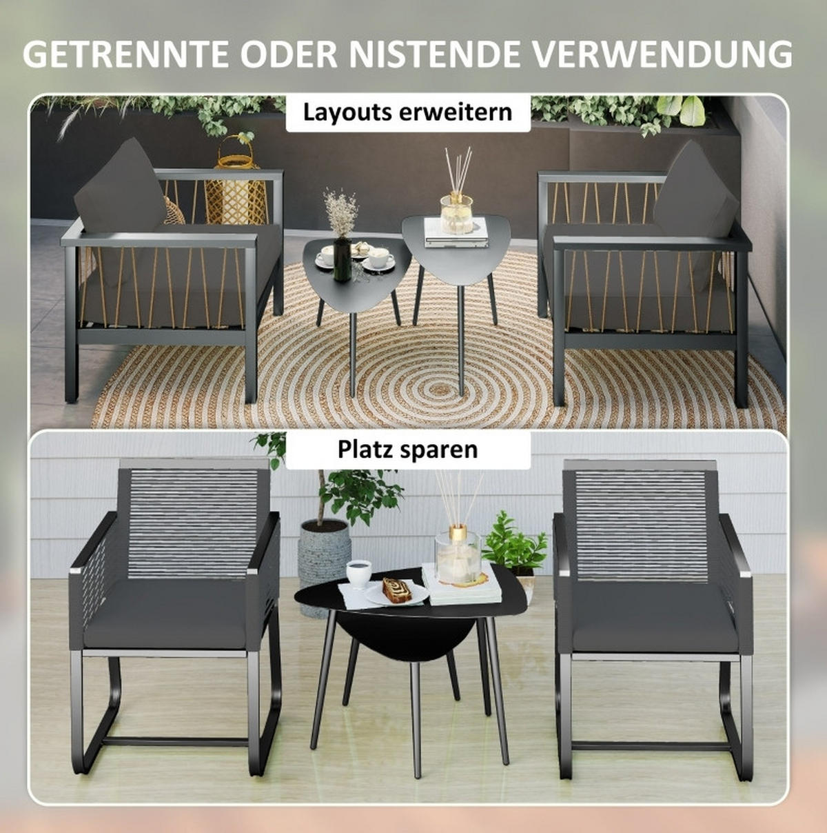 GARTENTISCH aus Stahl 65x45x45/35 cm Schwarz im 2er Set - Schwarz, Metall (65/45/45cm) - Modfu