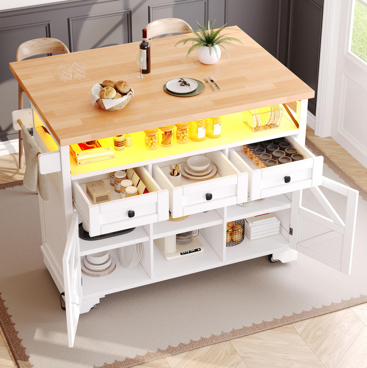 KÜCHENWAGEN 120/71/98 cm in Weiß mit Klapptisch und LED-Beleuchtung - Weiß, Holzwerkstoff (120/98/43cm) - Flora Grace