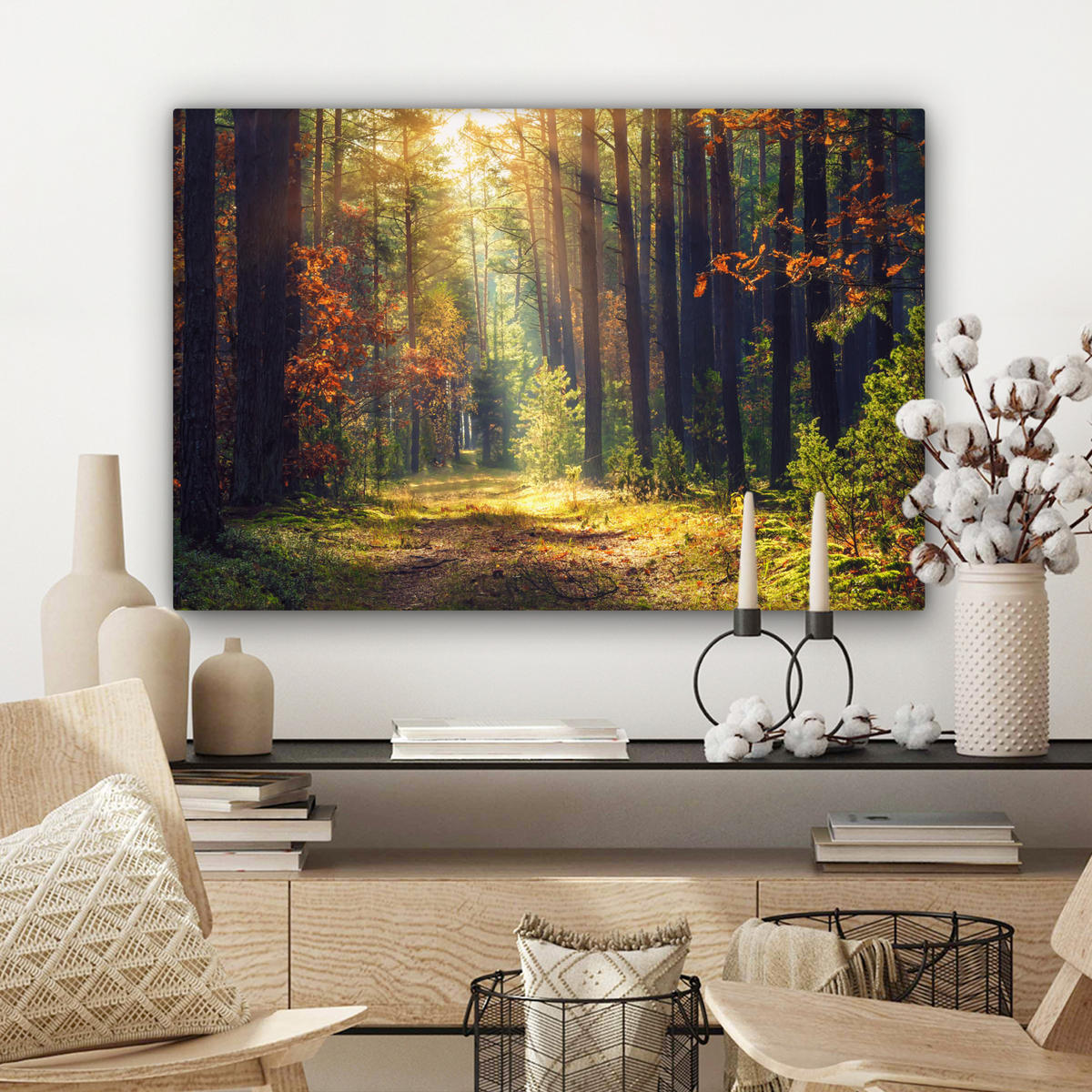 LEINWANDBILD Wald - Herbst - Bäume Gemälde 60x40 cm - Dunkelgrün, Textil (60/40cm) - MuchoWow