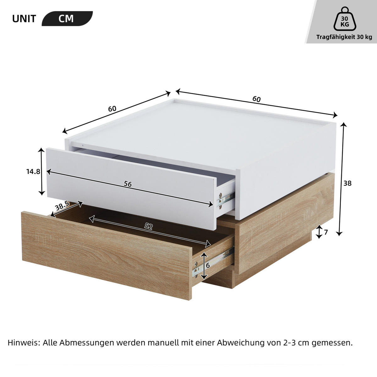 COUCHTISCH aus Spanplatte 60x60x38 cm in Weiß mit 360° Drehfunktion - Weiß, Holzwerkstoff (60/60/38cm) - Modfu