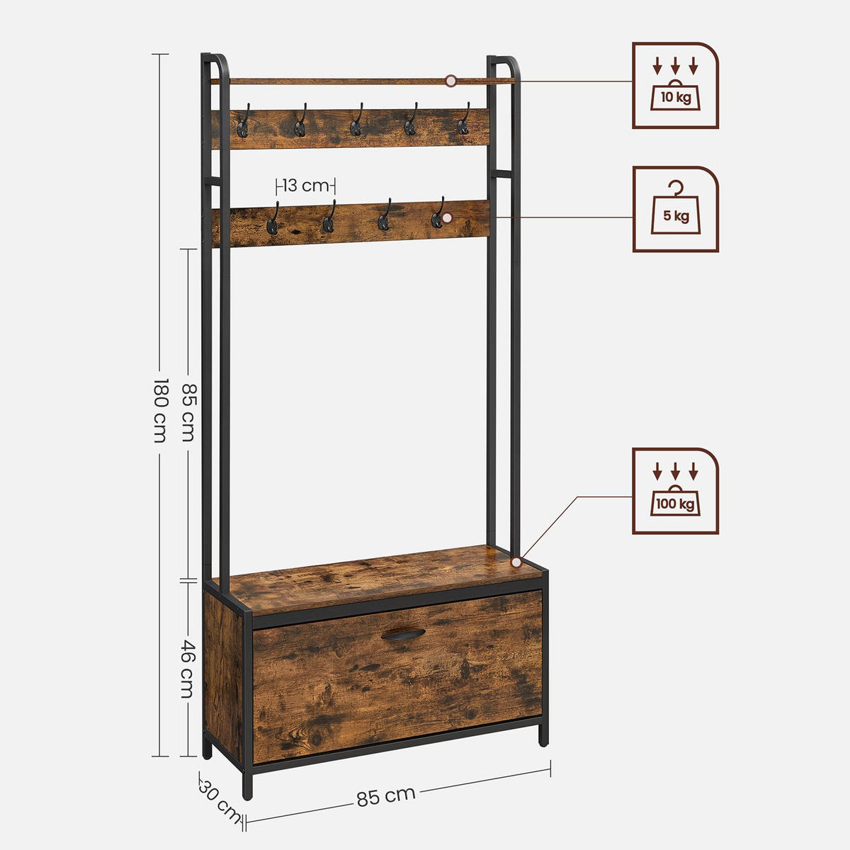 GARDEROBENSTÄNDER WARSAW - Braun, Holzwerkstoff (85/180/30cm) - Hansiro