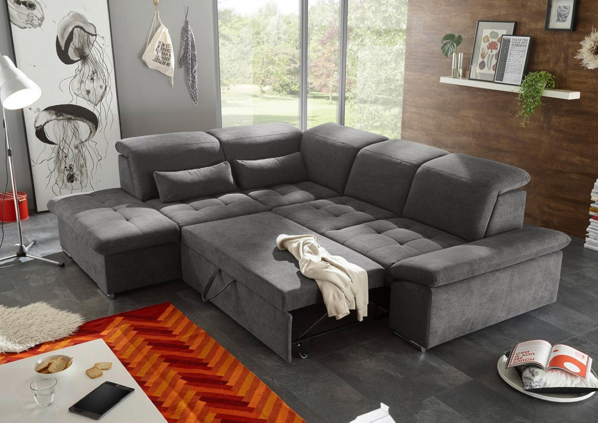 ECKSOFA mit Schlaffunktion mit Bettkasten und verstellbaren Kopf- und Rückenlehnen - Chromfarben/Grau, Textil (276/240cm) - ed exciting design