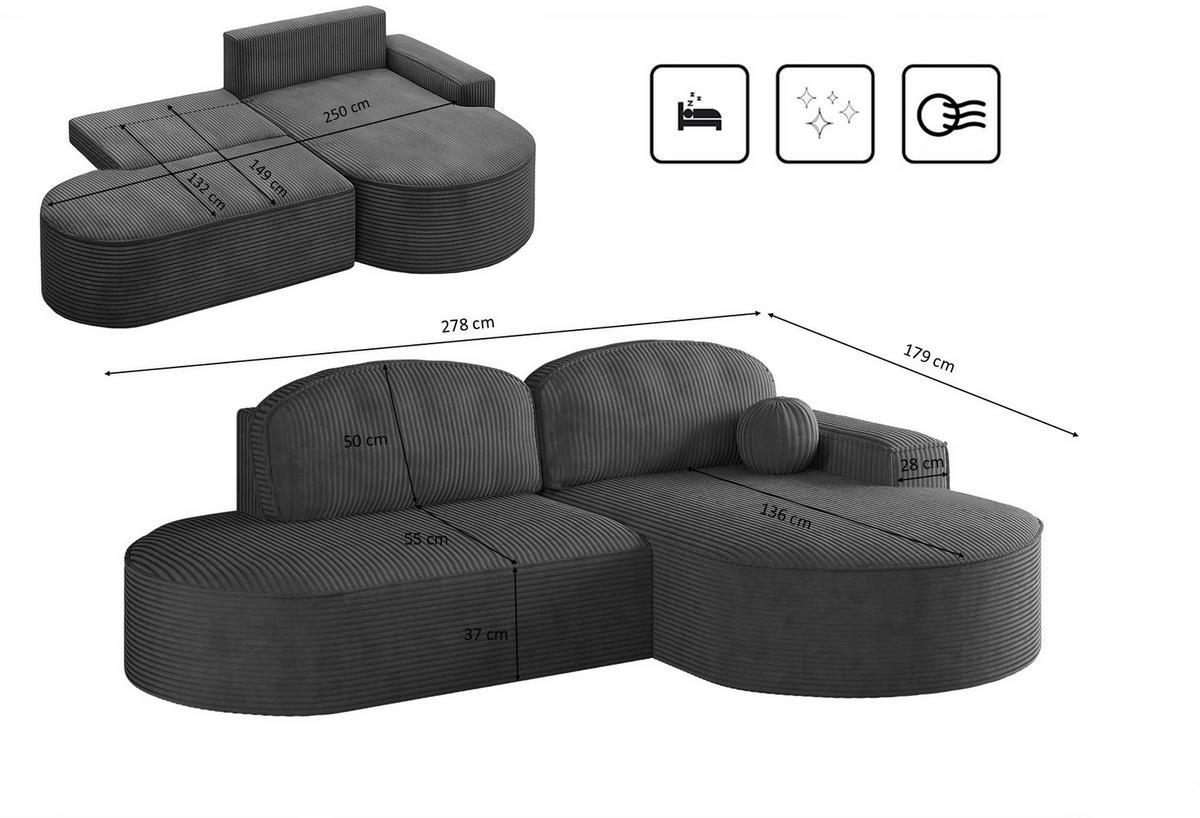ECKSOFA mit Schlaffunktion und Bettkasten Modena Runden stoff Poso Graphit Rechts - Graphitfarben, Holz/Textil (278/179cm) - Kaiser Möbel
