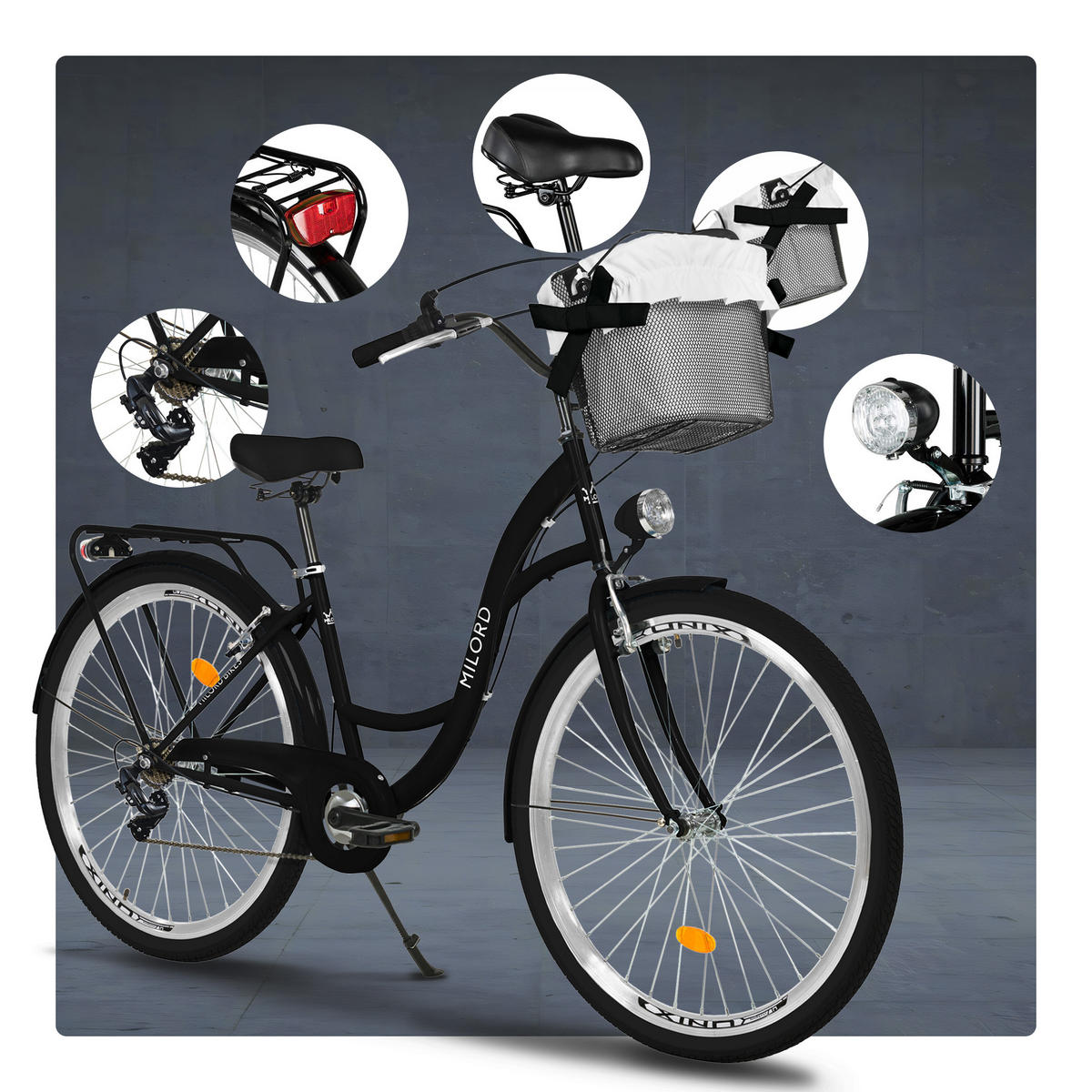 CITY-FAHRRAD Milord mit Metallkorb, 28 Zoll, Schwarz, 7-Gang - Schwarz, Metall (46cm) - Milordbikes