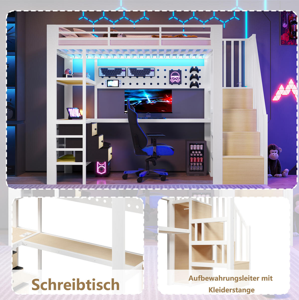 HOCHBETT 90/200 cm aus MDF und Metall mit Schublade, Lochwand, Tisch, LED-Licht, Weiß - Weiß, Holzwerkstoff (90/200cm) - OKMYHOME