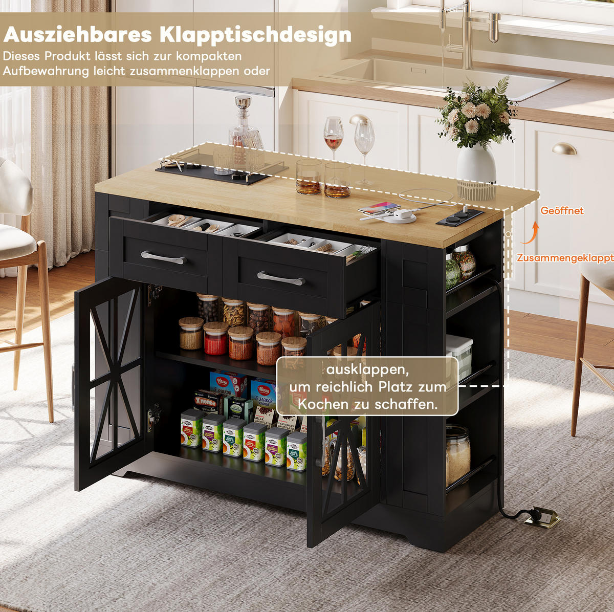KÜCHENINSEL 120/92/40(65) cm Schwarz/Natur aus MDF mit Klapptisch - Schwarz, Holzwerkstoff (65/92/120cm) - OKMYHOME