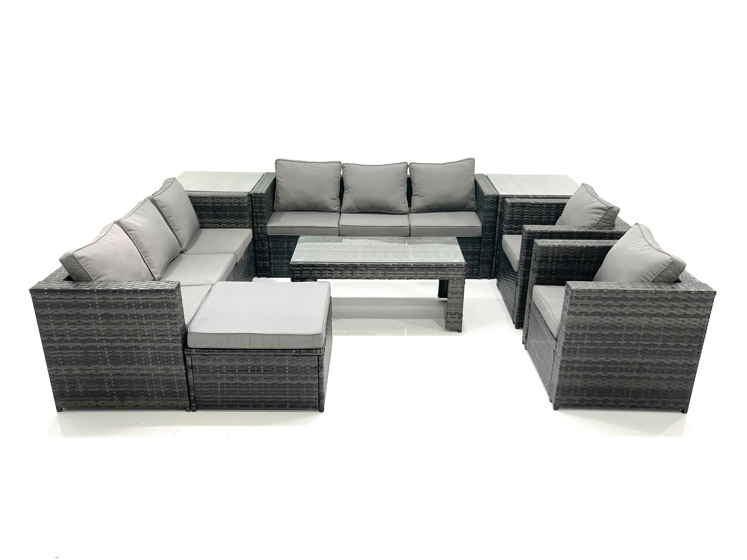 GARTENMÖBEL COUCHTISCH SET mit Sofa Polyrattan Outdoor 9-Sitzer - Dunkelgrau/Grau, Glas/Kunststoff - Fimous