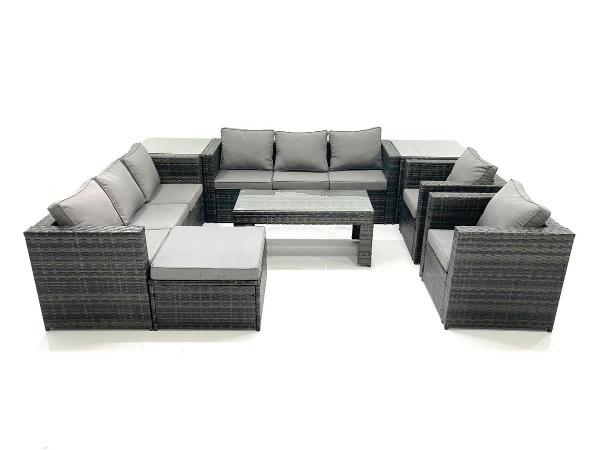 GARTENMÖBEL COUCHTISCH SET mit Sofa Polyrattan Outdoor 9-Sitzer - Dunkelgrau/Grau, Glas/Kunststoff - Fimous