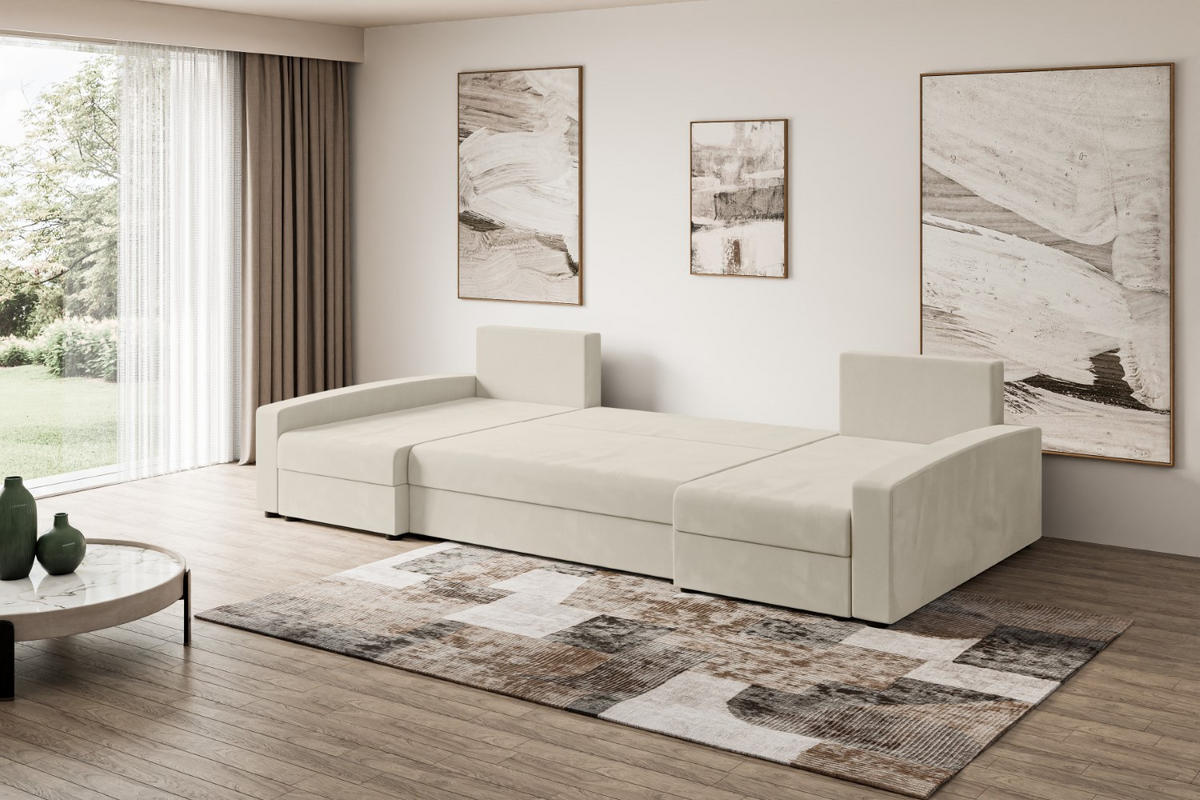 WOHNLANDSCHAFT mit Schlaffunktion und Bettkasten ALESIA-U 301x140x90 cm Beige Velours - Beige/Silberfarben, Holzwerkstoff/Kunststoff (301/90/140cm) - ALTDECOR