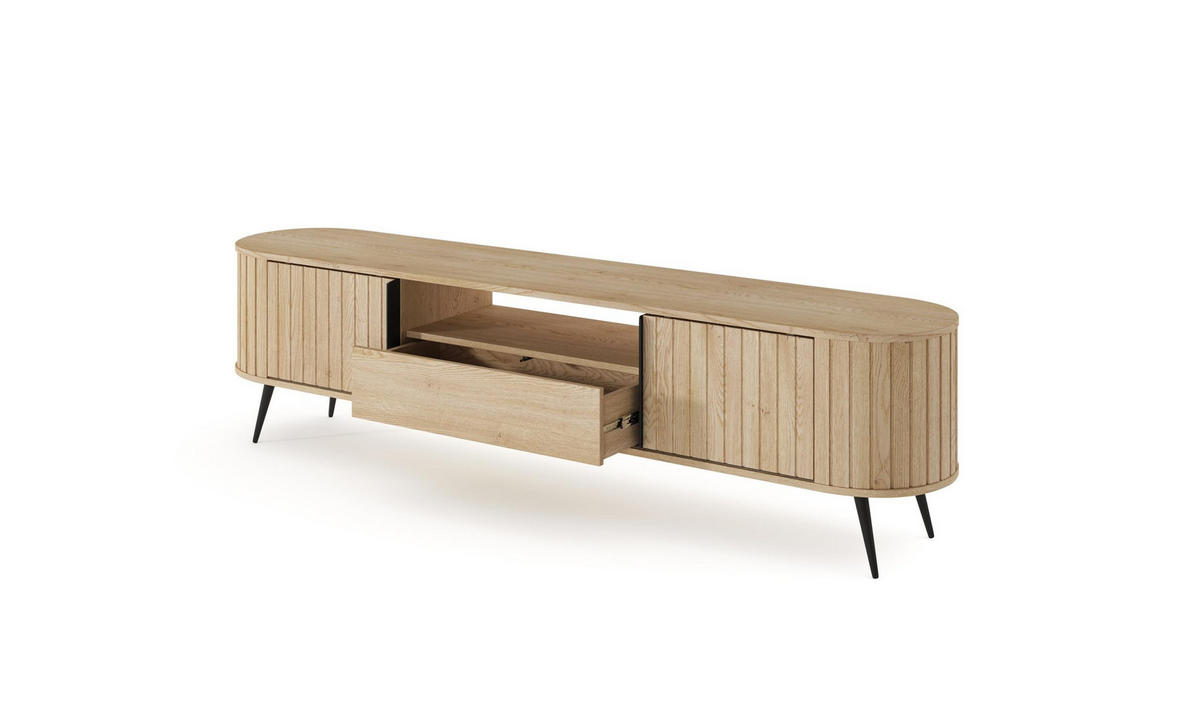 RTV-SCHRANK Rivo Eiche Cremona, TV-Tisch mit Schubladen und geriffelten Fronten - Eichefarben/Schwarz, Holzwerkstoff/Metall (196/51/40cm) - Bettso