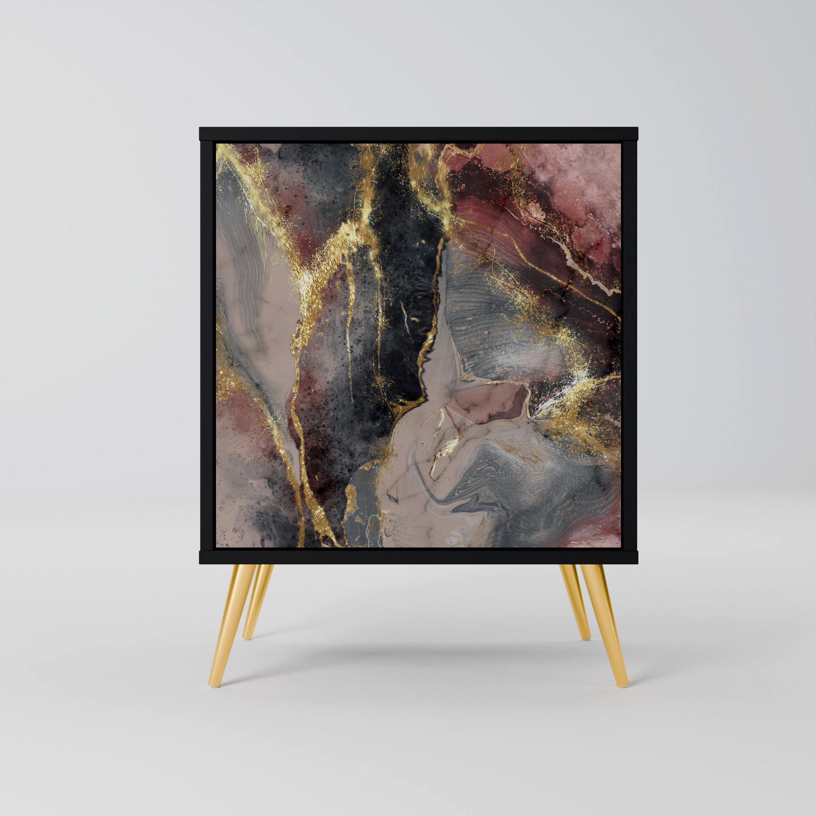 SIDEBOARD GOLDEN TIDES, Schwarz, 57,5x42x75,5 cm, Goldfarbene Metallfüße - Goldfarben/Multicolor, Holzwerkstoff/Metall (57.5/75.5/42cm) - SpaceRebels