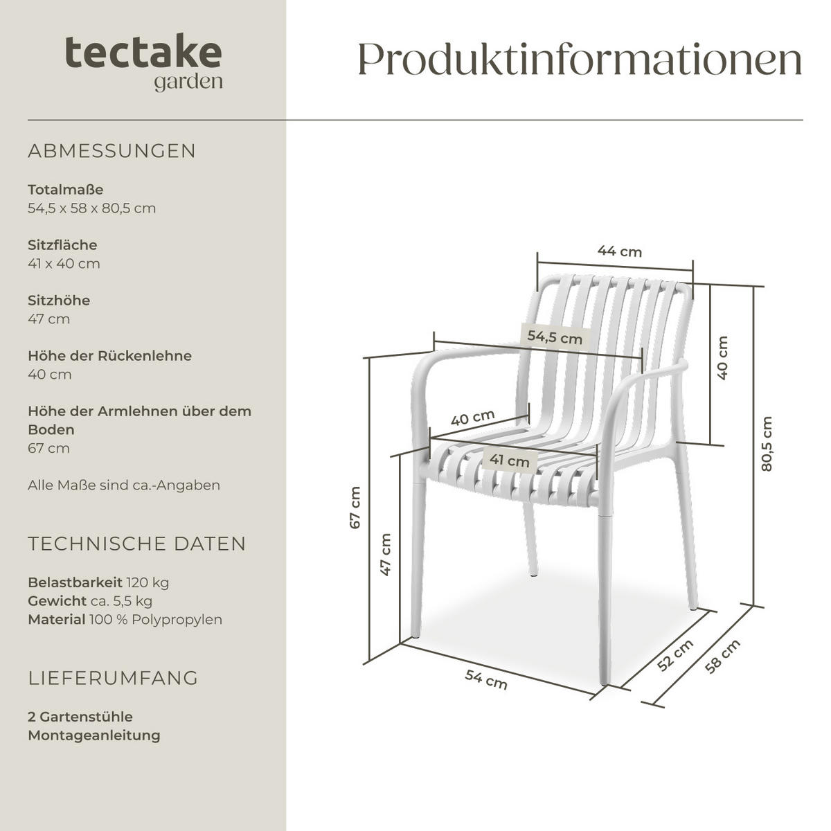 GARTENSTÜHLE Alcudia,54,5 x 58 x 80,5 cm, Belastbarkeit 120 kg,weiß - Creme, Textil (54.5/80.5/58cm) - tectake