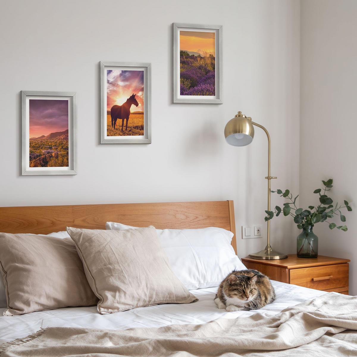WANDBILDER 3er Set - 20x30 cm Silberner Rahmen - Berglandschaft mit einem Pferd - Silberfarben, Kunststoff (20/30cm) - ArtPrintCave