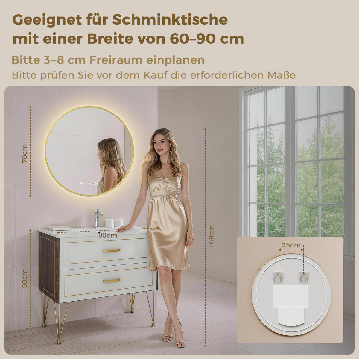 BADSPIEGEL MIT BELEUCHTUNG 70 cm Rund gold mit Aluminiumrahmen und Antibeschlag - Goldfarben, Glas (70/70/3.3cm) - S'AFIELINA