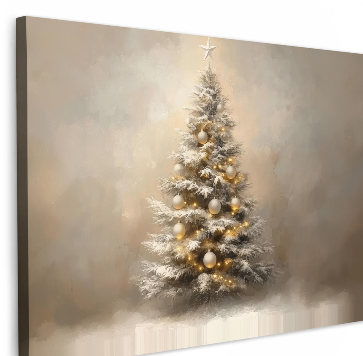 LEINWANDBILD Weihnachten - Weihnachtsbaum - Schnee - Kunst Wohnzimmer 120x80 cm - Champagner, Textil (120/80cm) - MuchoWow