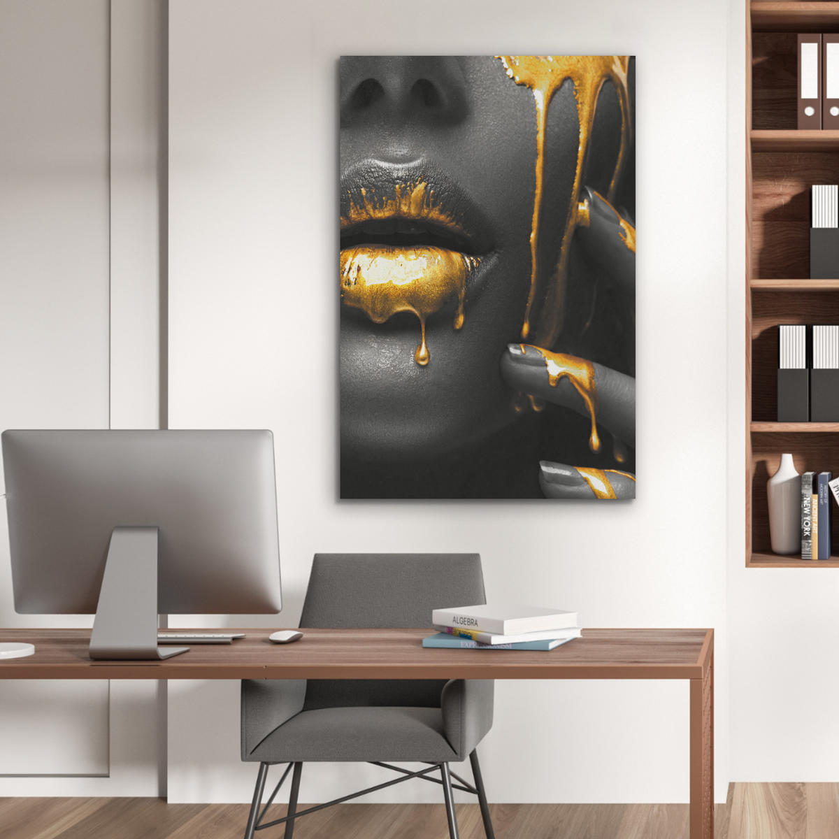 AKUSTIKPANEEL Frau - Schwarz - Gold - Gesicht - Lippen 70x100 cm - Goldfarben, Textil (70/0.9/100cm) - MuchoWow