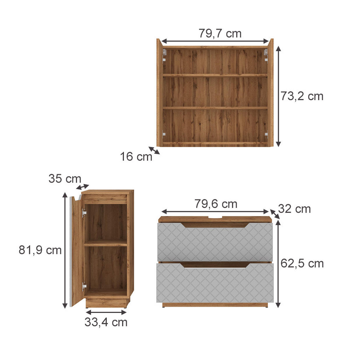 BADMÖBEL-SET Lotta Eiche/Grau mit Kachelstruktur 3 Teile - Grau, Holzwerkstoff (79.6/62.5/32cm) - Vicco