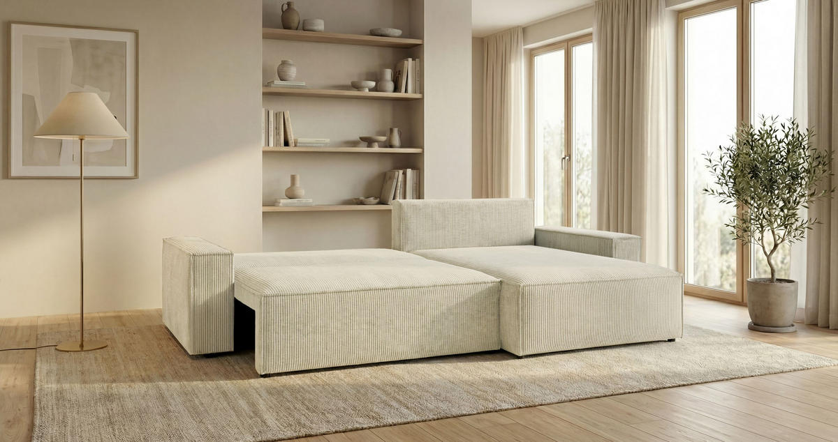 ECKSOFA VIENNA rechts weiß Cord Poso 100 - Schlaffunktion, Bettkasten - Weiß, Textil (285/184cm) - Cornero