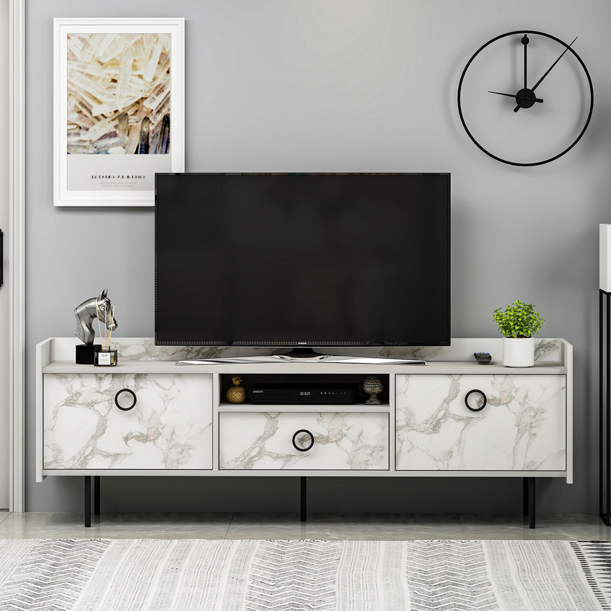 TV-LOWBOARD Büsra Weiß Holz und Marmor Optik 3 türig 9208 - Weiß/Grau, Holzwerkstoff/Metall (184/63/37cm) - moebel17