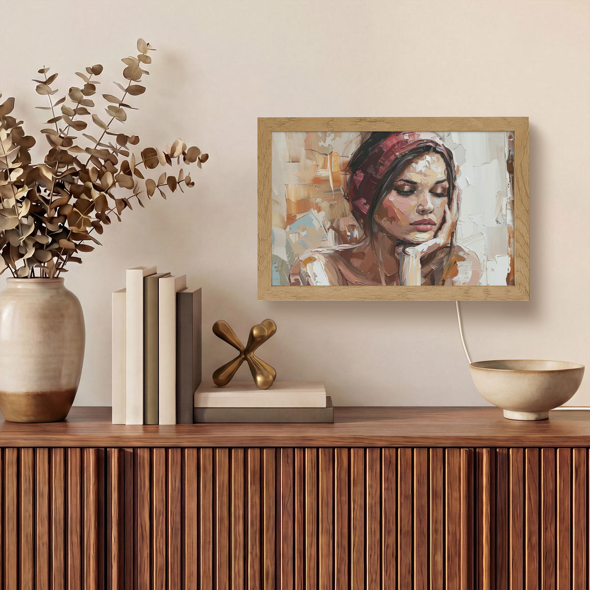 NÁSTĚNNÁ LAMPA Žena - vzhled malby - portrét - moderní 30x20 cm - hnědá, kompozitní dřevo (30/20/8cm) - OnlyWow