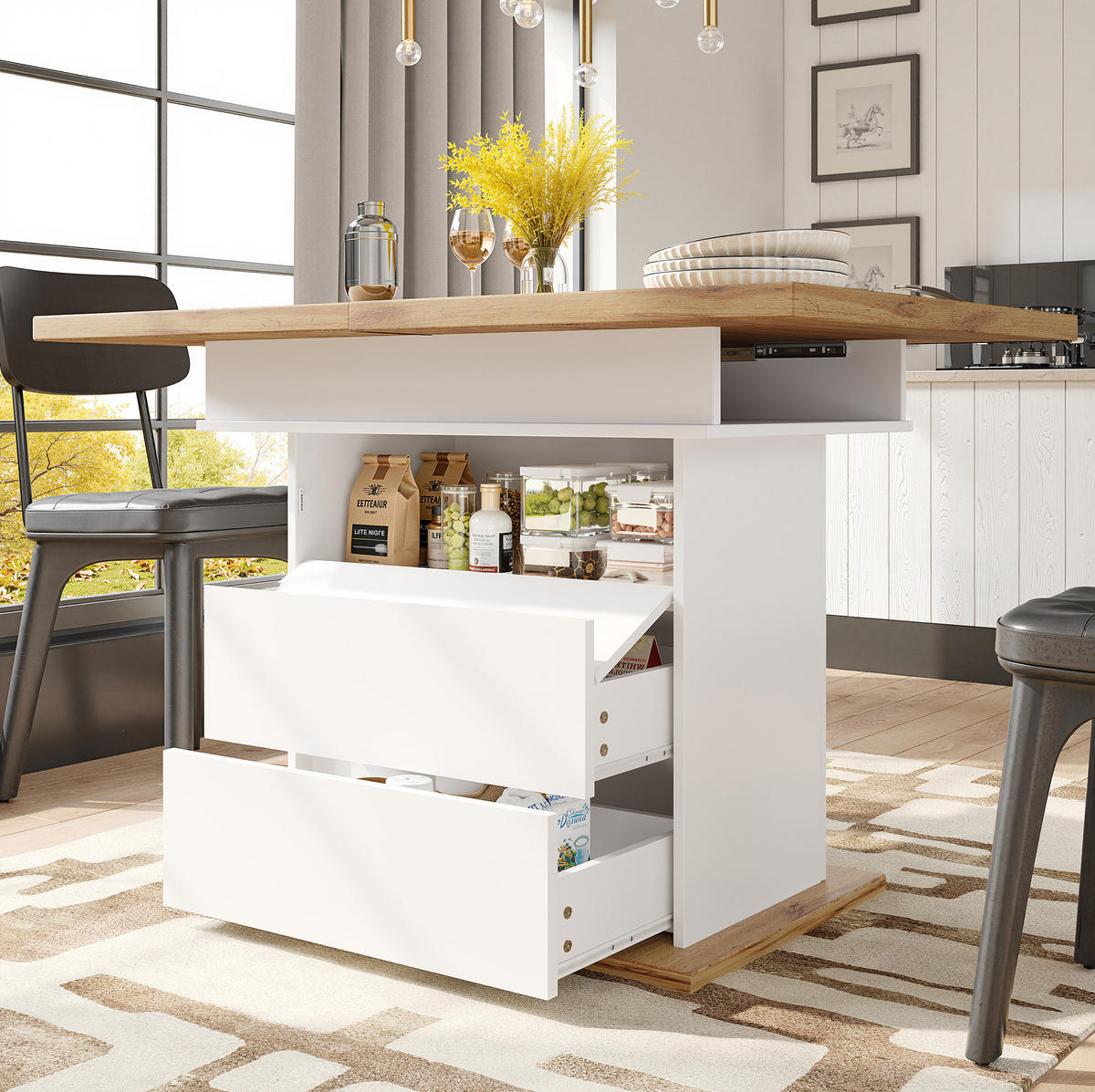 ESSTISCH aus MDF 110-140x80x75 cm Natur/Weiß ausziehbar mit Stauraum und Soft-Close-Klappe - Weiß, Holzwerkstoff (140/80/75cm) - Modfu