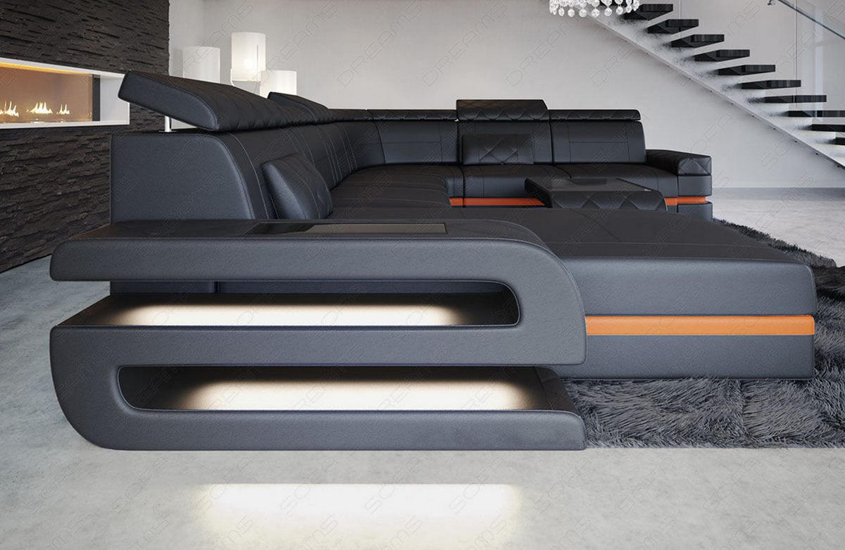 WOHNLANDSCHAFT Bologna Schwarz Orange Echtleder - Schwarz, Leder (397/89/299cm)