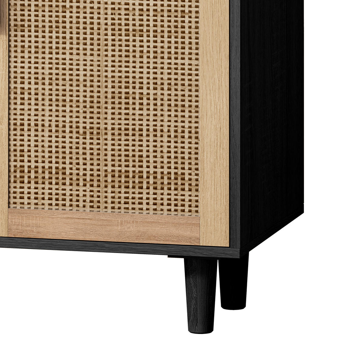 SIDEBOARD Rattanschrank mit 4 Türen und Massivholzbeinen, verstellbare Böden, MDF Natur Holzoptik - Schwarz/Naturfarben, Holz/Holzwerkstoff (158/88/40cm) - EVRYAE