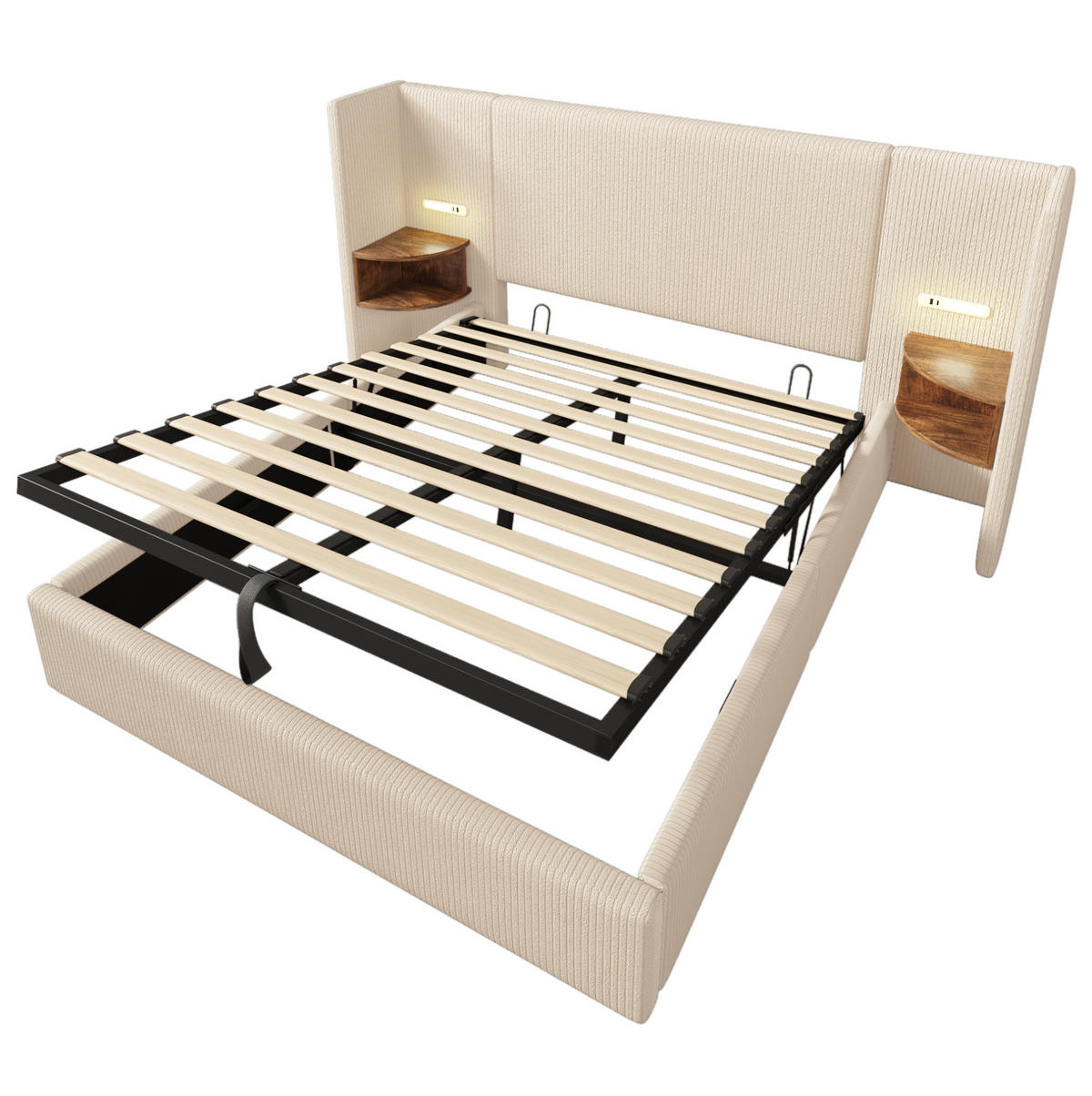 POLSTERBETT aus Cordstoff 160x200 cm Beige-Weiß mit Bettkasten, Leselampe und USB-/Type-C-Anschlüssen - Beige, Textil (160/200cm) - IVMEU