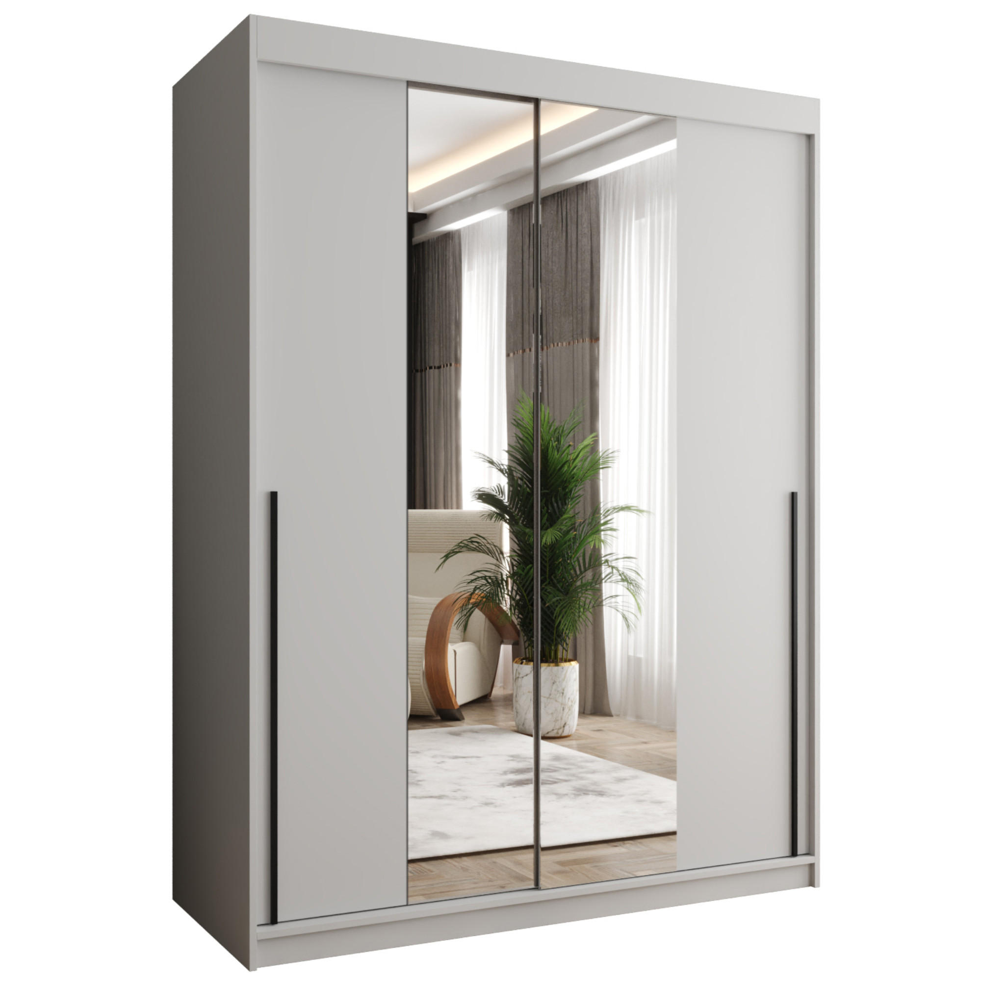 SCHIEBETÜRENSCHRANK mit Spiegel 150 cm Breite, weiß mit schwarzem Griff - Schwarz/Weiß, Holzwerkstoff (150/200/62cm) - Home Collective