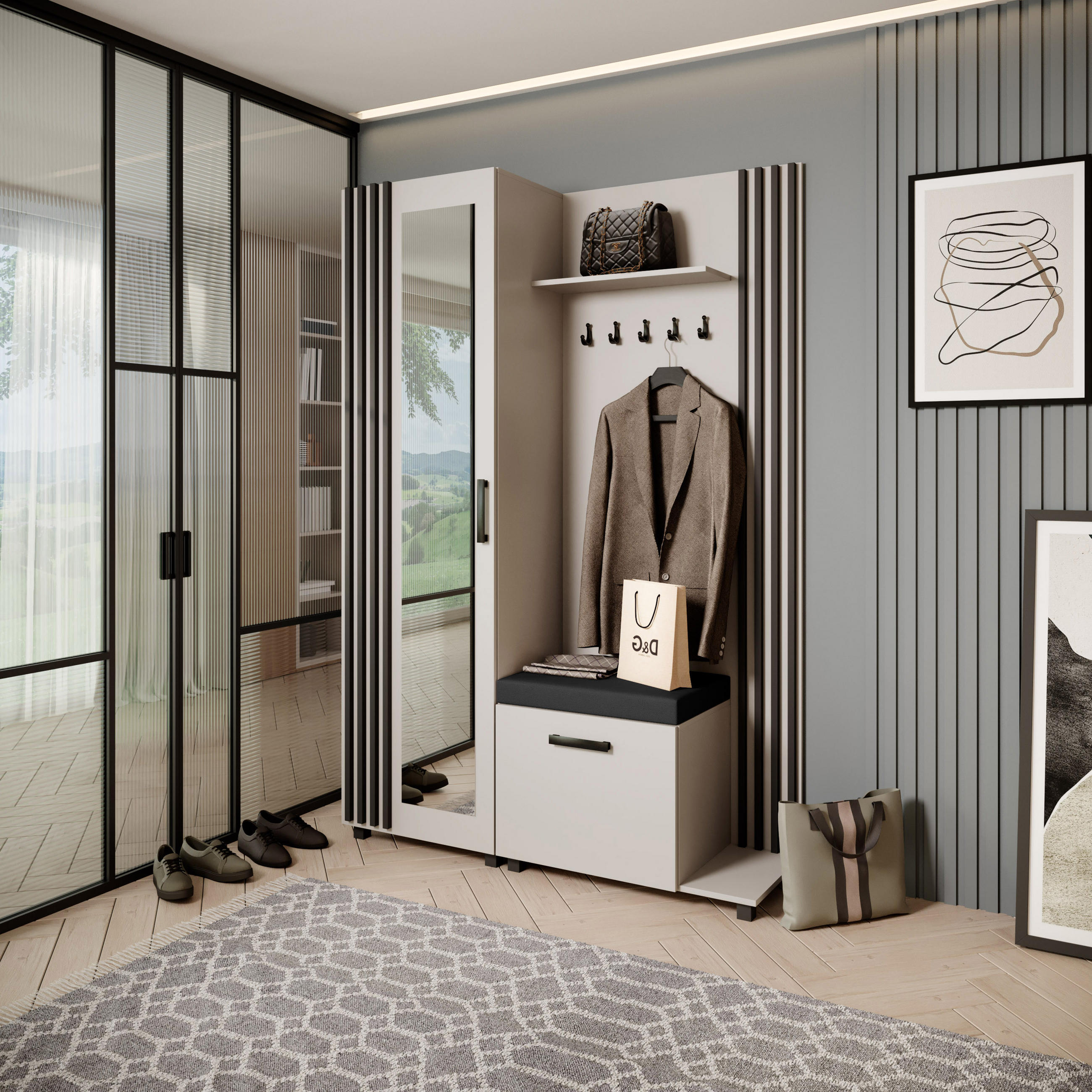 GARDEROBENSCHRANK Livia mit Aufhängern und Spiegel, Kaschmir, rechts - Kaschmir/Schwarz, Holzwerkstoff (137/207/42cm) - Beautysofa