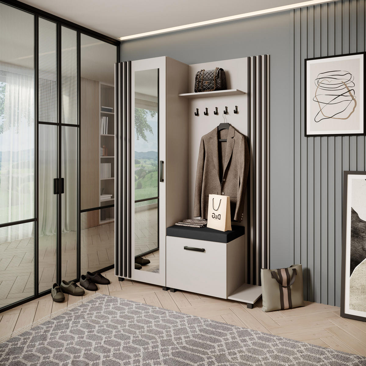 GARDEROBENSCHRANK Livia mit Aufhängern und Spiegel, Kaschmir, rechts - Kaschmir/Schwarz, Holzwerkstoff (137/207/42cm) - Beautysofa
