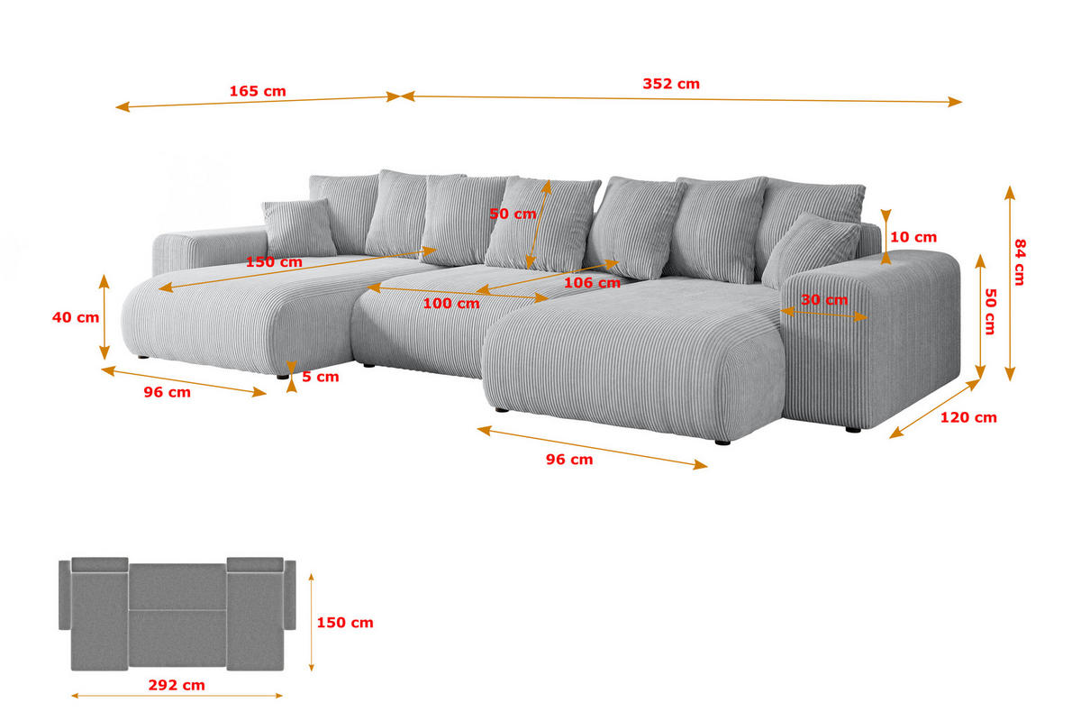 WOHNLANDSCHAFT mit Schlaffunktion und Bettkasten ESKAR-U -352x165x84cm Grau Cord - Schwarz/Grau, Holzwerkstoff/Kunststoff (352/84/165cm) - ALTDECOR