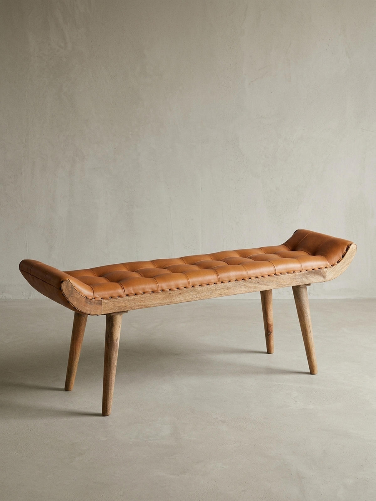 SITZBANK Massivholz Chesterfield Muster, Braun 125x38x50 cm - Braun, Mangoholz/Leder (125/50/38cm) - KADIMA DESIGN