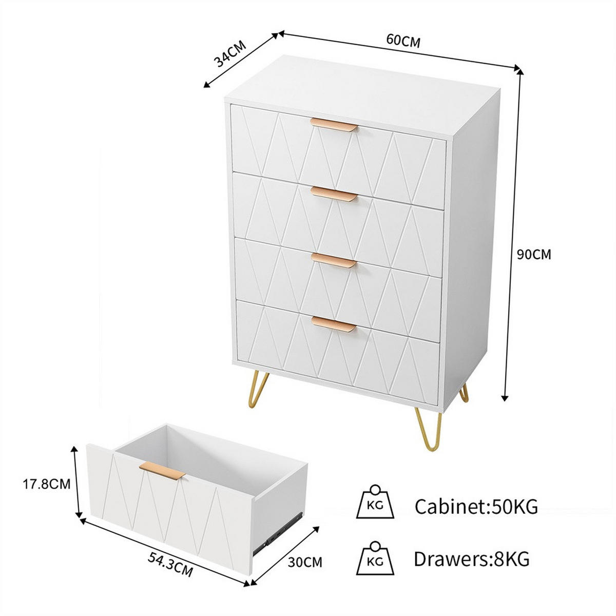 KOMMODE mit 4 Schubladen - Rautenmuster-Design und goldene Metallbeine - für Wohnzimmer und Schlafzimmer - Weiß - Weiß, Holzwerkstoff (60/90/34cm) - DELFA