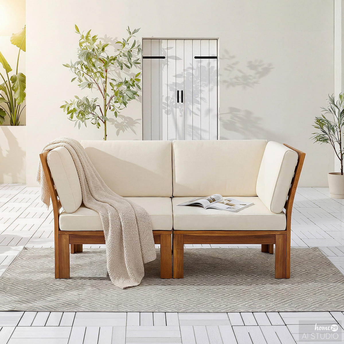 LOUNGEECKE - Webstoff / Akazie massiv - Weiß, Holz/Textil (71/73/71cm) - home24