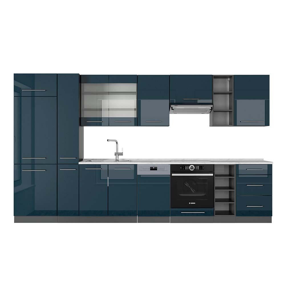 KÜCHENZEILE Fame-Line Dunkelblau Hochglanz/Anthrazit 355 cm AP Marmor - Anthrazit/Dunkelblau, Holzwerkstoff (355/81.6/60cm) - Vicco