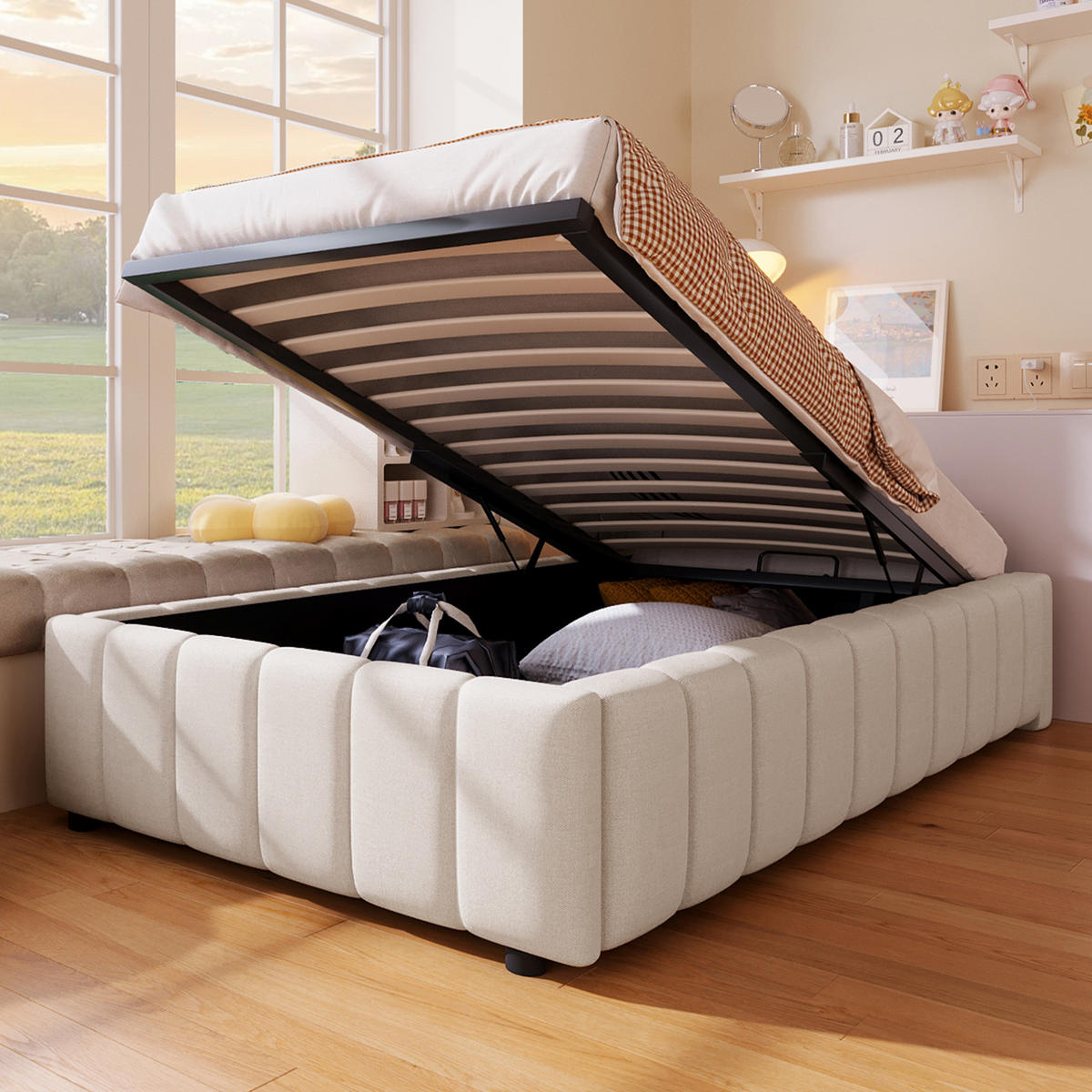POLSTERBETT 90/200 cm Beige aus Leinen mit Bettkasten ohne Kopfteil - Beige, Textil (90/200cm) - Flora Grace