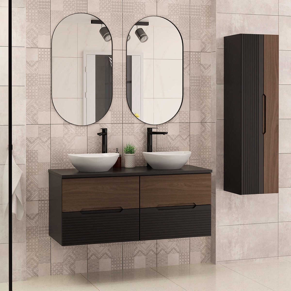 BADMÖBEL 120.6cm Sylla 2er-Set Schwarz und Holz - Schwarz, Holzwerkstoff (120.6/52.2/45.8cm) - Petits-meubles