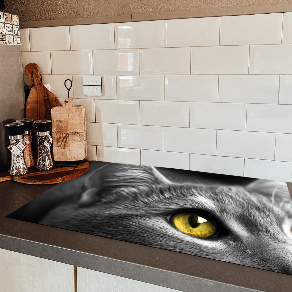 HERDABDECKPLATTE Katze - Grau - Tiere - Katze 85x52 cm - Grau, Kunststoff (85/0.2/52cm) - MuchoWow