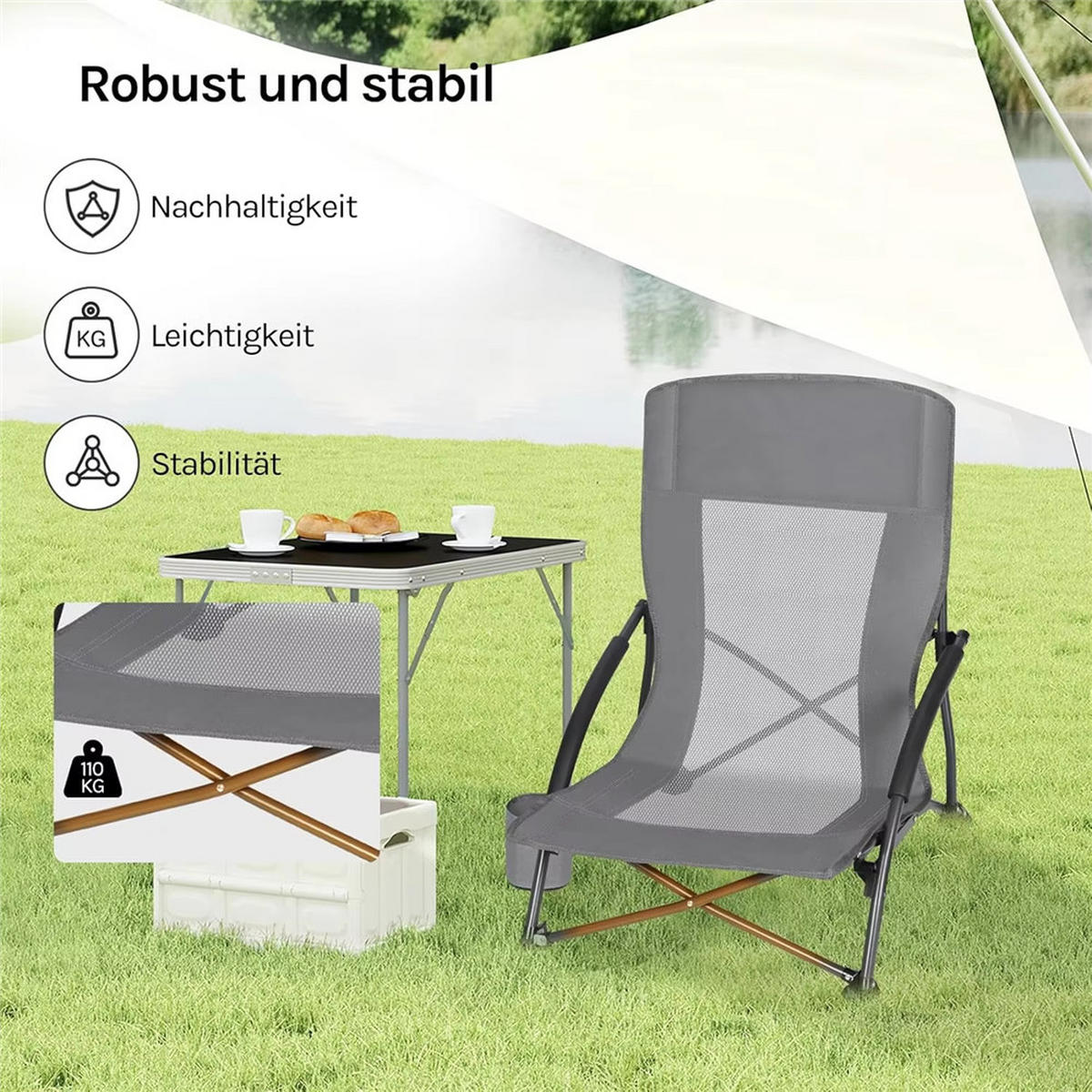 STRANDSTUHL 2ER SET mit Armlehne Getränkehalter Grau - Grau, Metall (51/67/65cm) - Coonoor