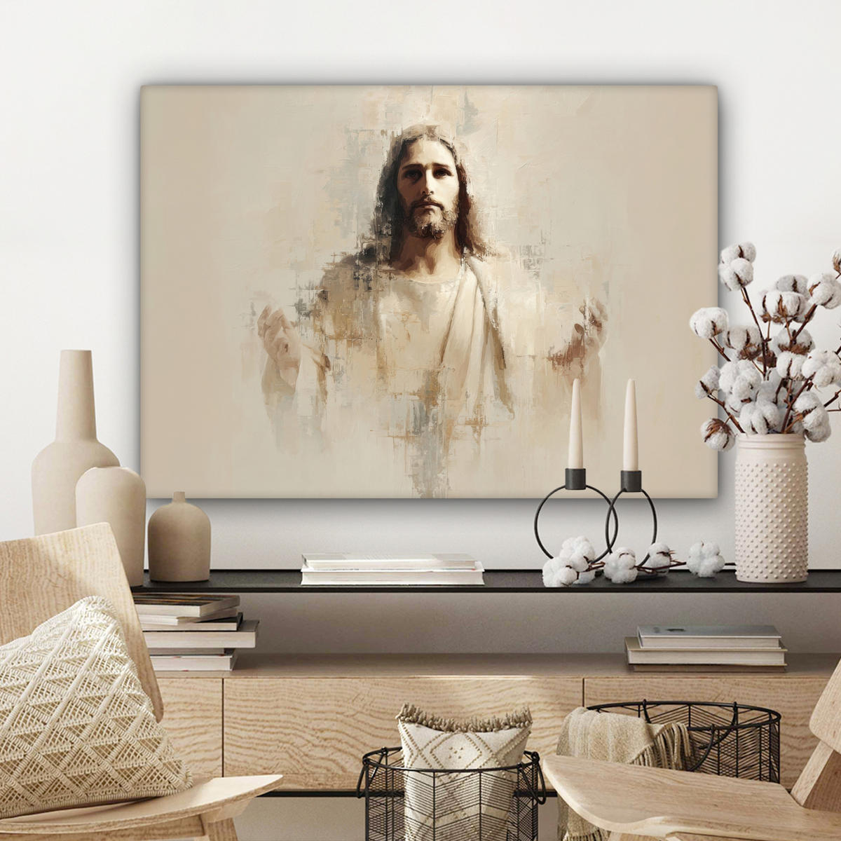 LEINWANDBILD Porträt - Abstrakt - Jesus - Beige Wandbilder 80x60 cm - Beige, Textil (80/60cm) - MuchoWow